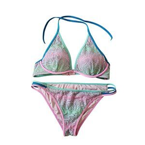 Victorias Secret Mermaid Ombre Pastel Lace Triangle Bikini Set Multicolor 34D M